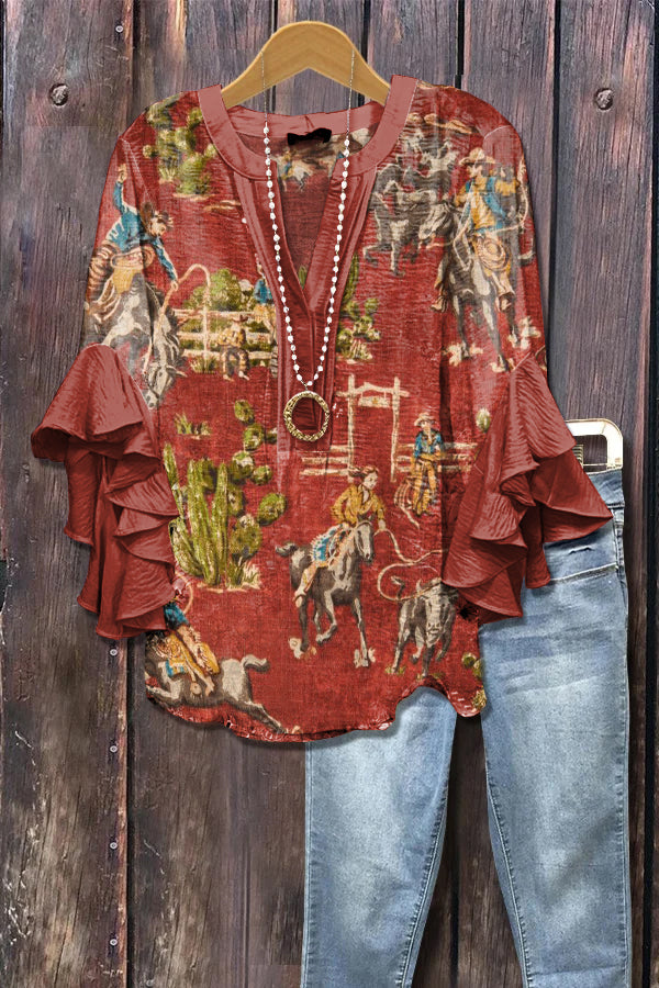 Vintage Western Horse Print Ruffle Sleeve Top