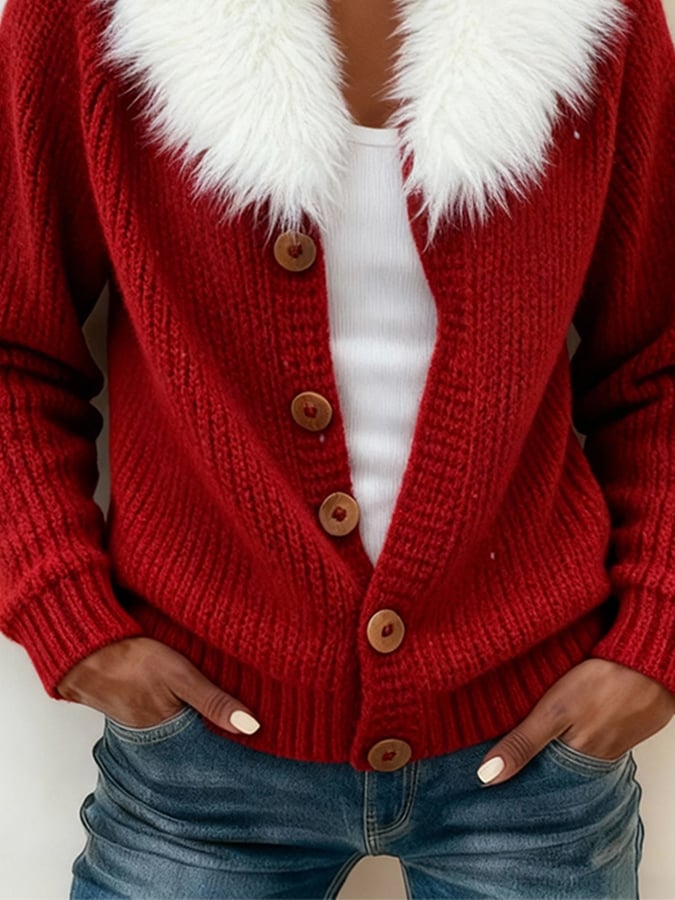 Women'S Casual Color-Blocked Knit Sweater With Fur Collar