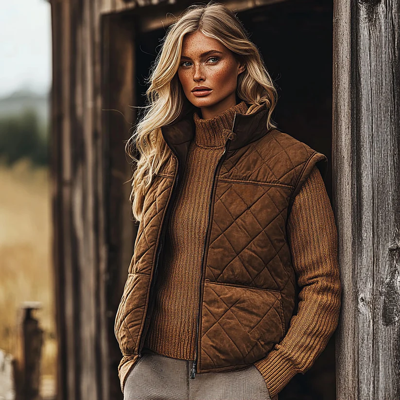 Retro Western Ethnic Cowboy Style Padded Vest Women's Zipper Stand Collar Sleeveless Jacket