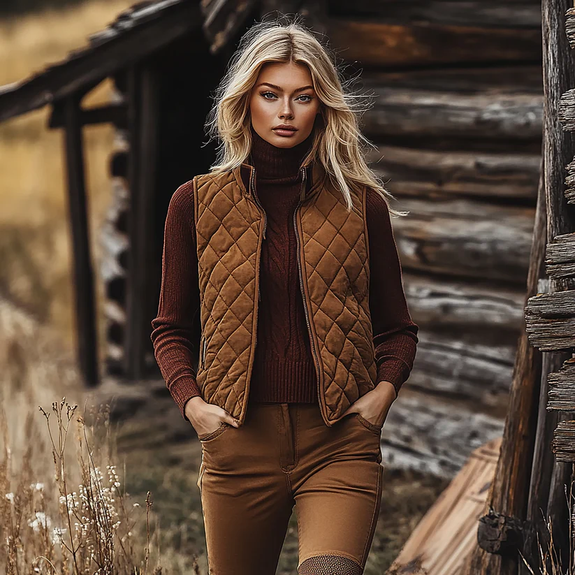 Retro Western Ethnic Cowboy Style Padded Vest Women's Zipper Stand Collar Sleeveless Jacket