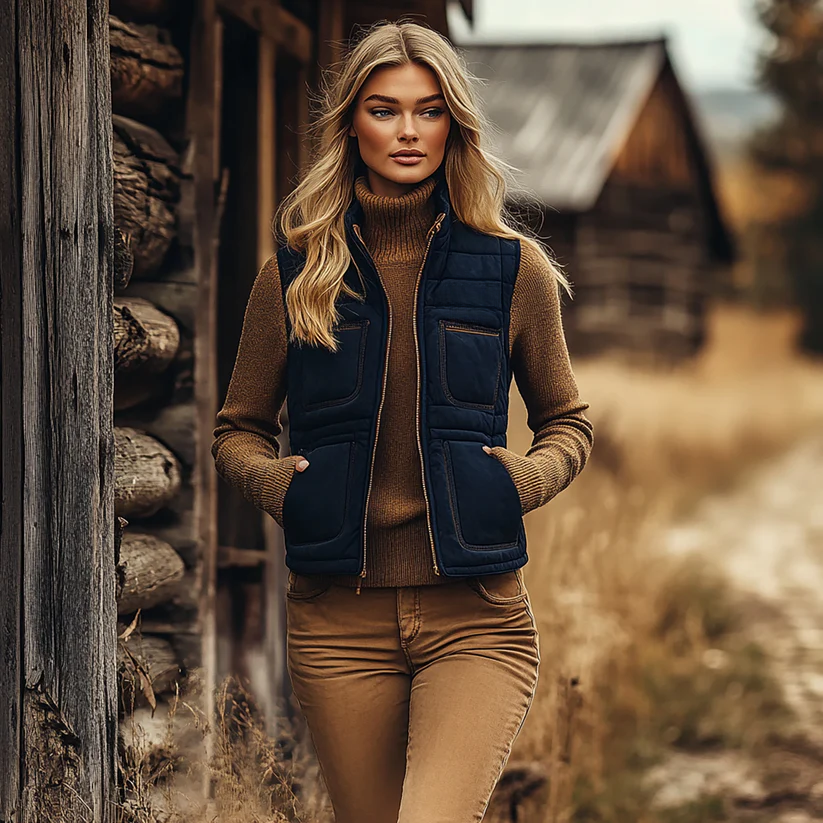 Retro Western Ethnic Cowboy Style Padded Vest Women's Zipper Stand Collar Sleeveless Jacket