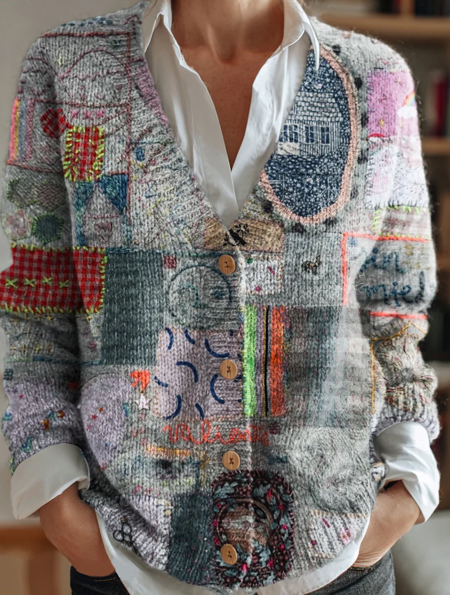 Women's Patchwork Pattern Printed Knitted Long Sleeve Top