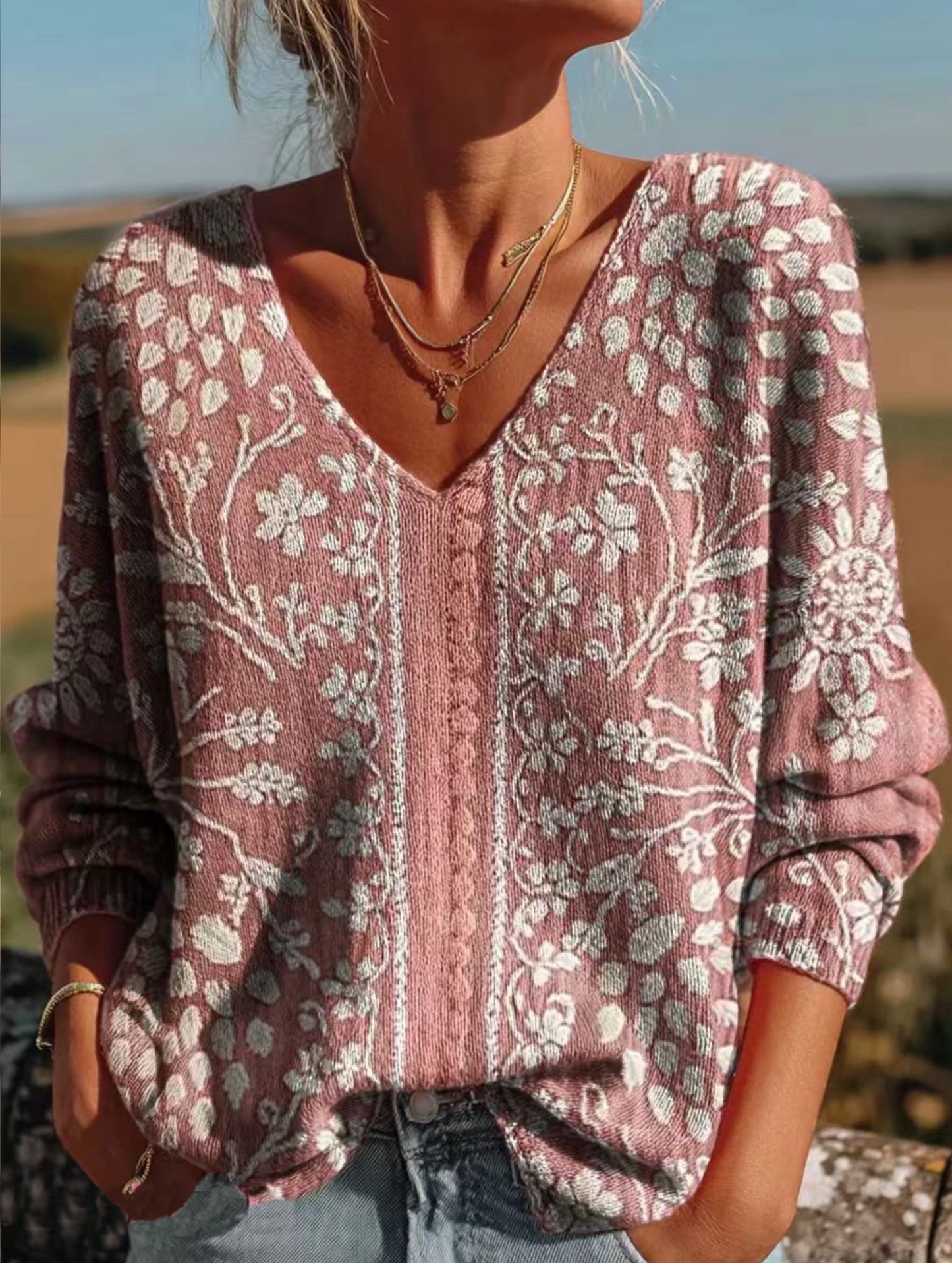 Women's Vintage Ethnic Floral Art Print V-neck Casual Pullover Sweater