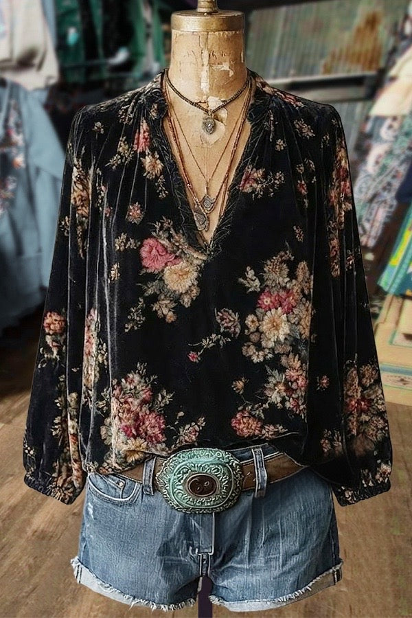 Vintage Floral Print Deep V-Neck Velvet Top