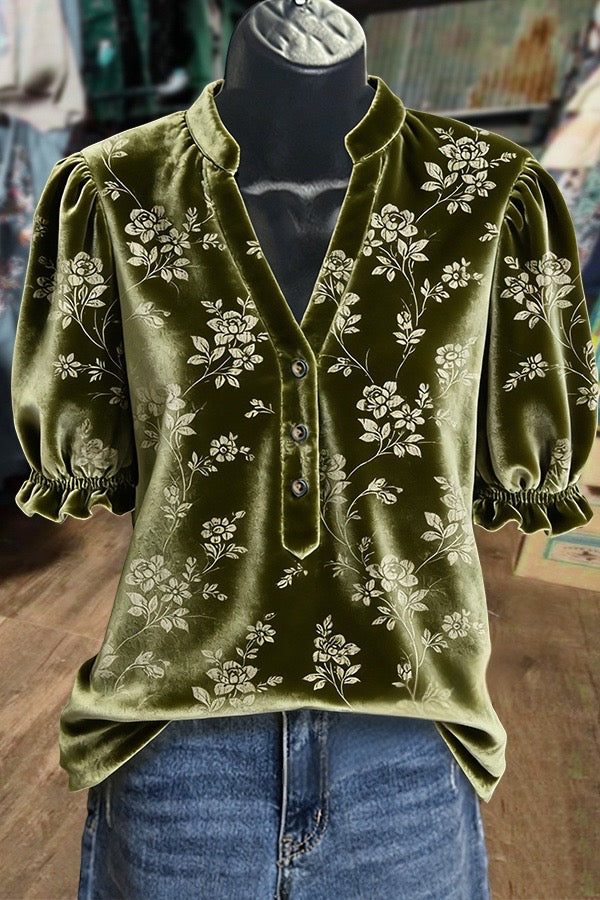 Vintage Floral Print V-Neck Puff Sleeve Velvet Top