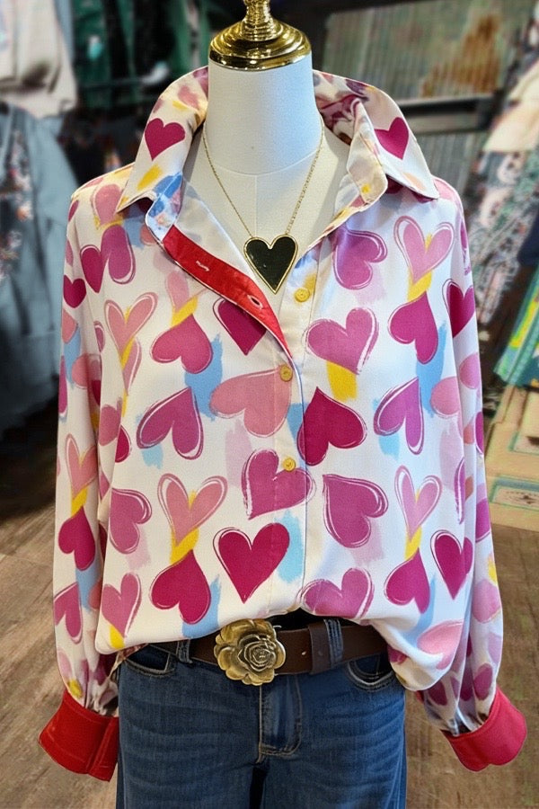 Colorful Art Print Red Puff Long Sleeve Blouse