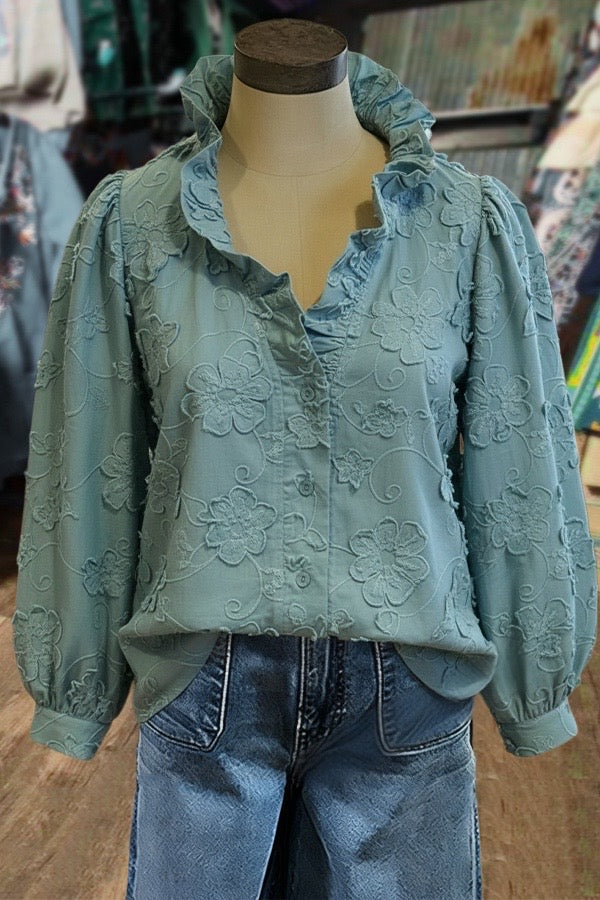 Chic Jacquard Floral Ruffle Neck Blouse