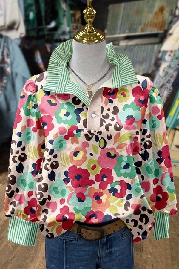 Colorful Floral Leopard Print Striped Collar Long Sleeve Blouse
