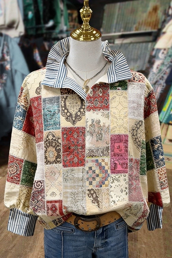 Mix Fabric Print Striped Collar Long Sleeve Blouse