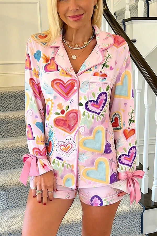 Colorful Art Heart Print Ribbon Bow Pajama Set