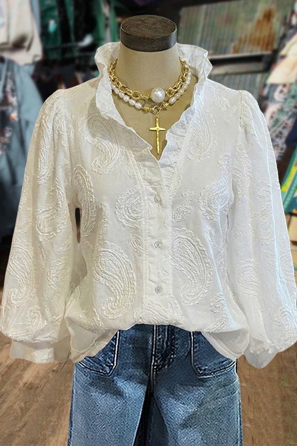 Vintage Embroidered Paisley Ruffle Neck Long Sleeve Blouse