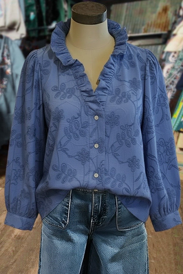 Chic Jacquard Floral Ruffle Neck Blouse