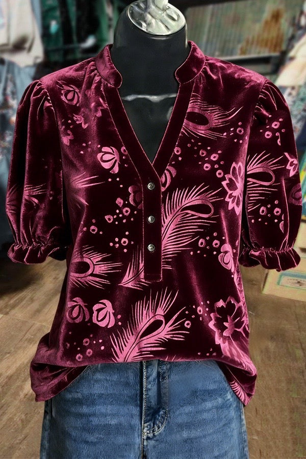 Feather Flower Textured V-Neck Puff Sleeve Velvet Top