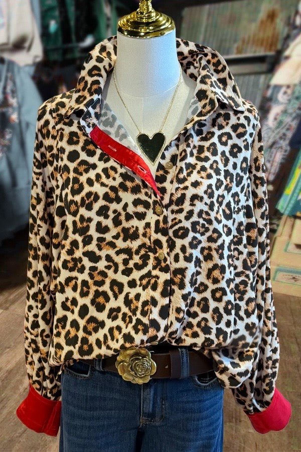 Vintage Leopard Print Red Puff Long Sleeve Blouse