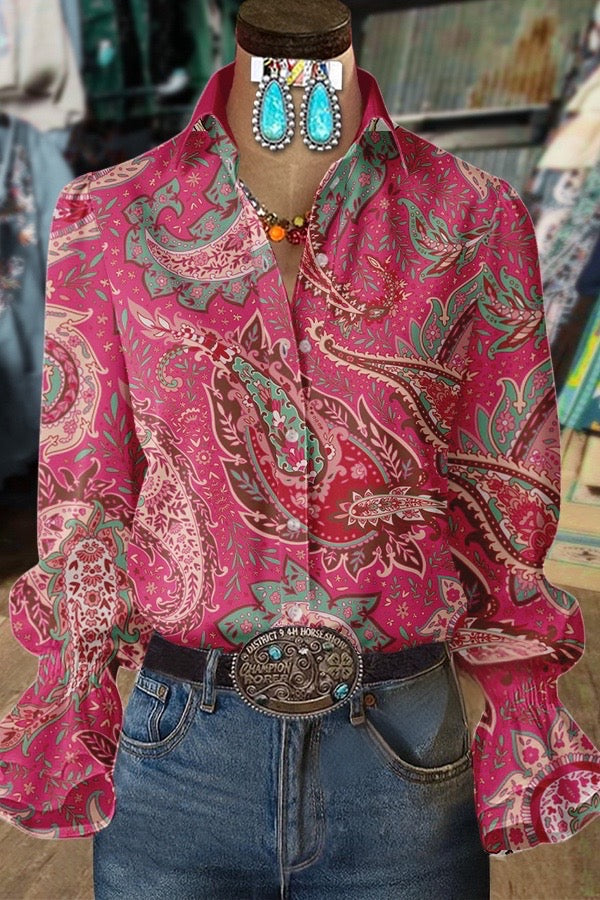 Pink Paisley Print Collard Flared Cuffs Blouse