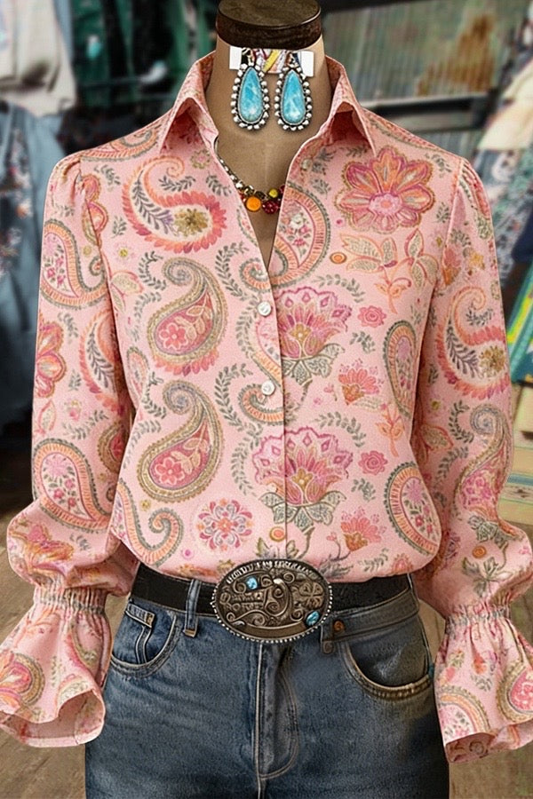 Sweet Floral Paisley Print Bell Sleeve Blouse
