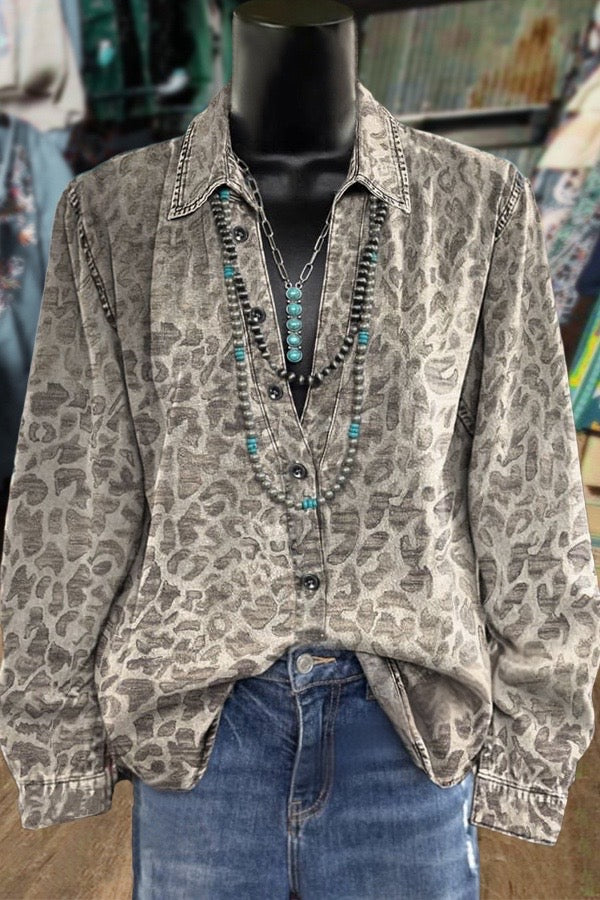 Vintage Leopard Collared Long Sleeve Top