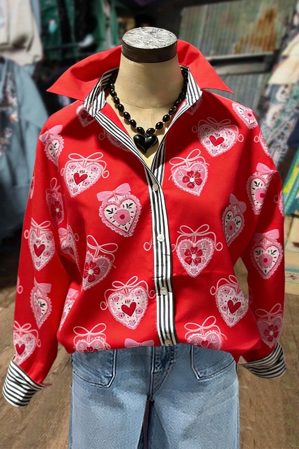 Sweet Heart Print Striped Long Sleeve Blouse