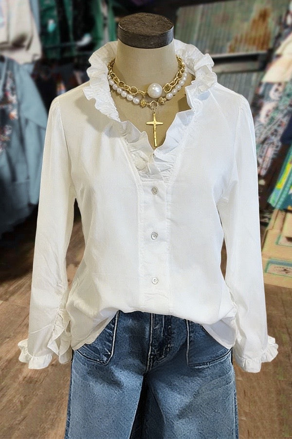 Elegant Ruffle Neck Button Up Long Sleeve Blouse