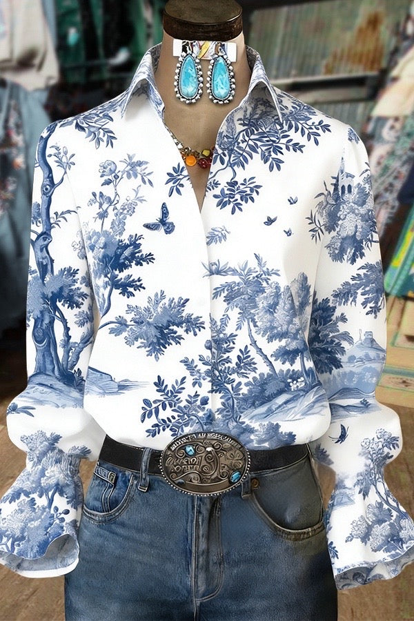 Retro Tolie Print Flared Cuffs Blouse