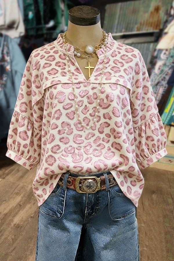 Leopard Ruffle Notch Neck Puff Sleeve Blouse