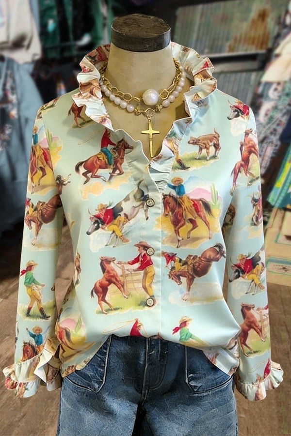 Western Cowboy Print Ruffle Long Sleeve Blouse