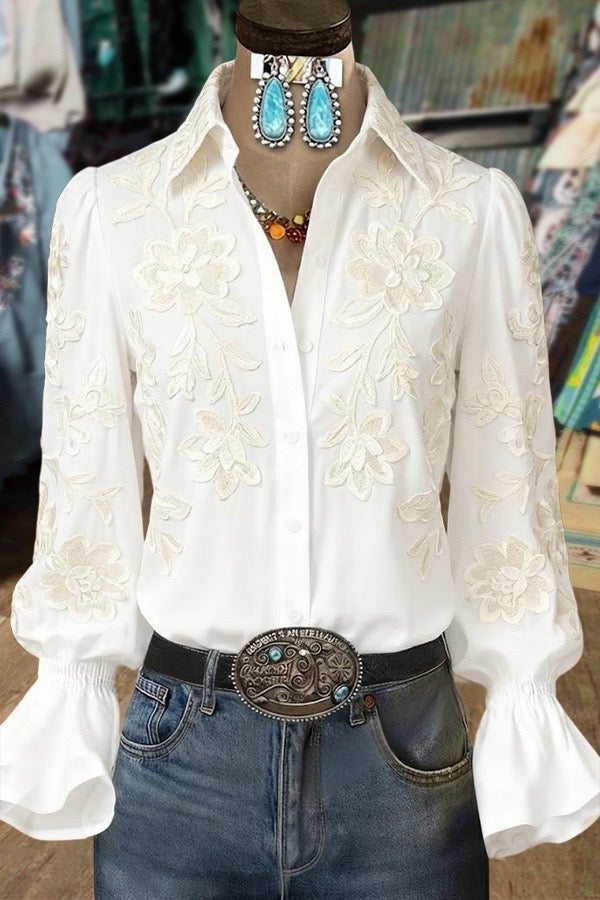 Classic Flower Embroidered Flared Cuffs Blouse