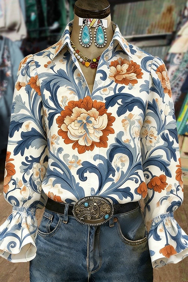 Vintage Floral Print Flared Cuffs Blouse