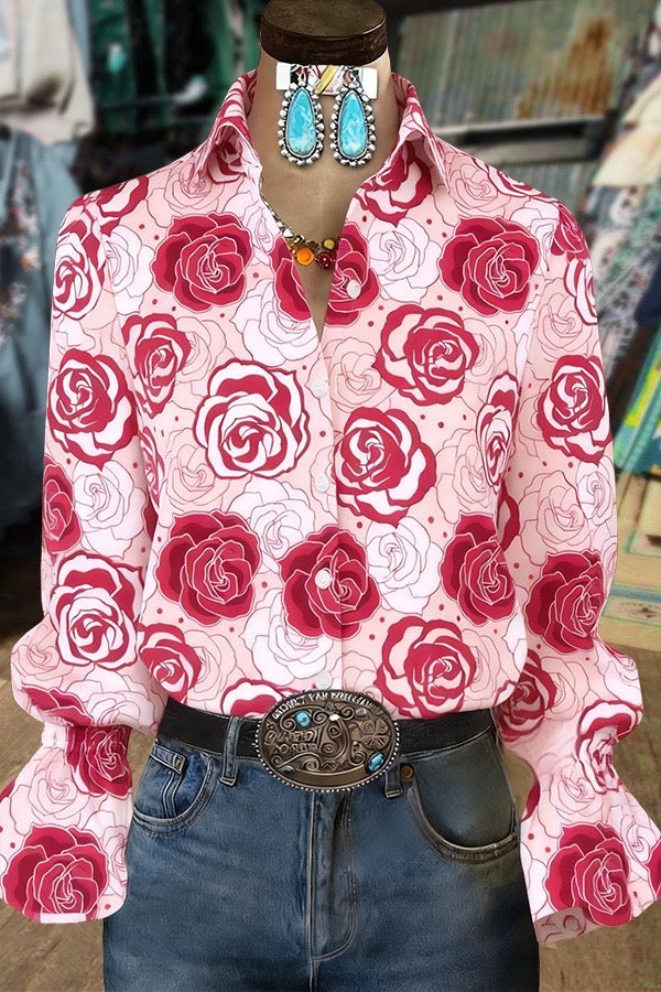 Femin Rose Print Flared Cuffs Blouse