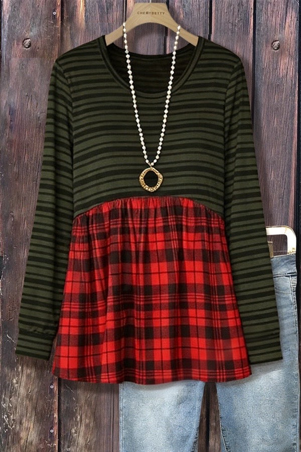 Casual Gingham Striped Print Ruffle Sleeve Top