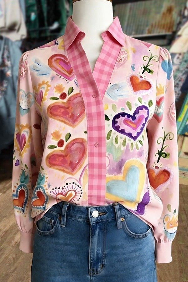 Colorful Heart Print Plaid Collar Long Sleeve Blouse