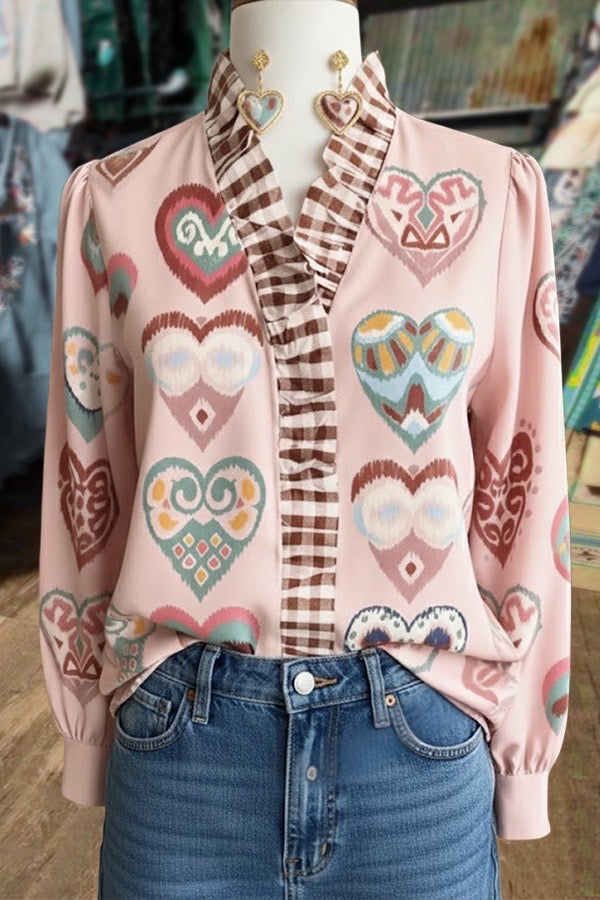 Retro Heart Print Plaid Ruffle Neck Blouse
