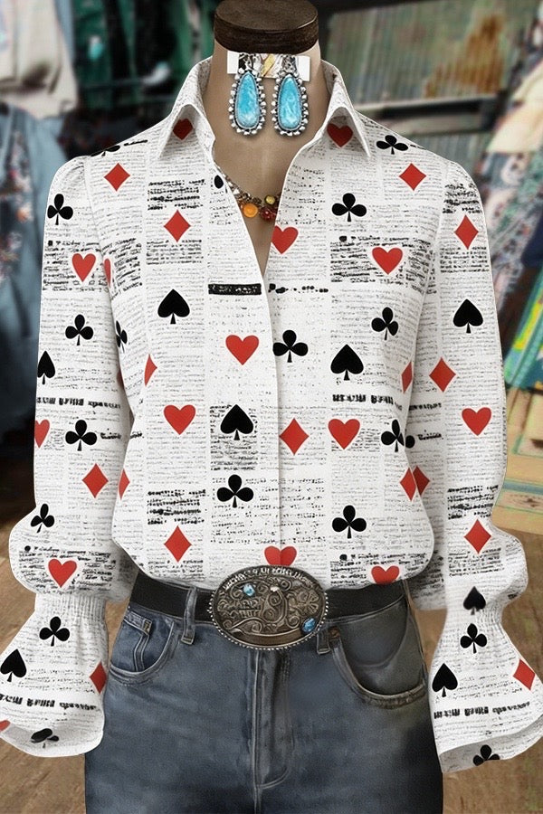 Chic Letter Queen Of Hearts Print Flared Cuffs Blouse