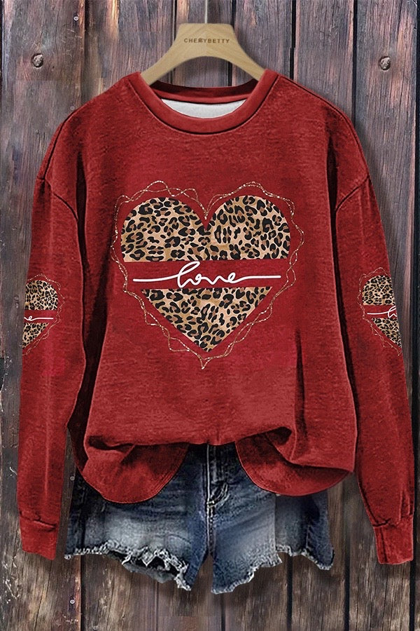Leopard Heart Print Long Sleeve Sweatshirt