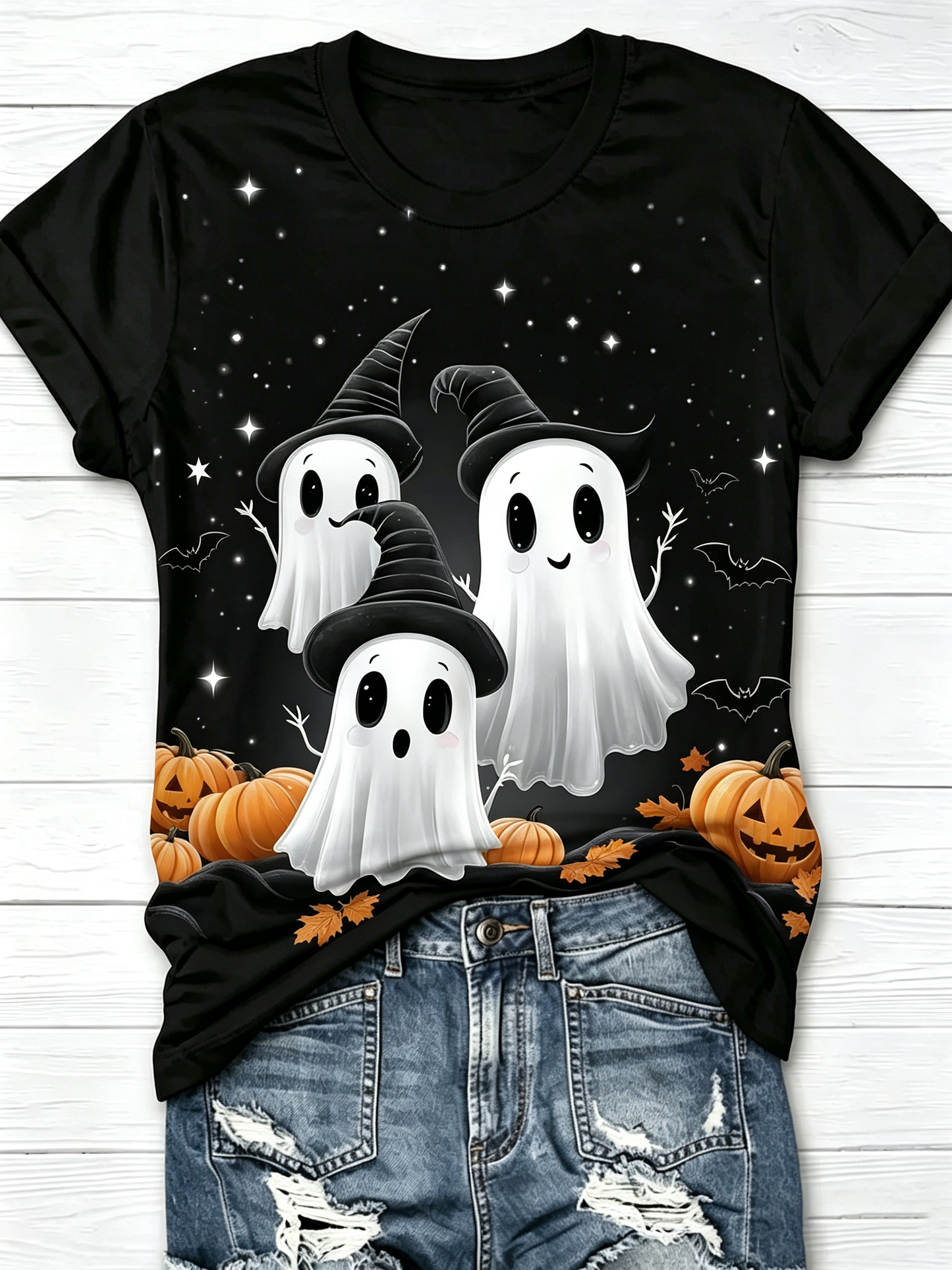 Cute Ghost With Witch Hat Halloween T-Shirt