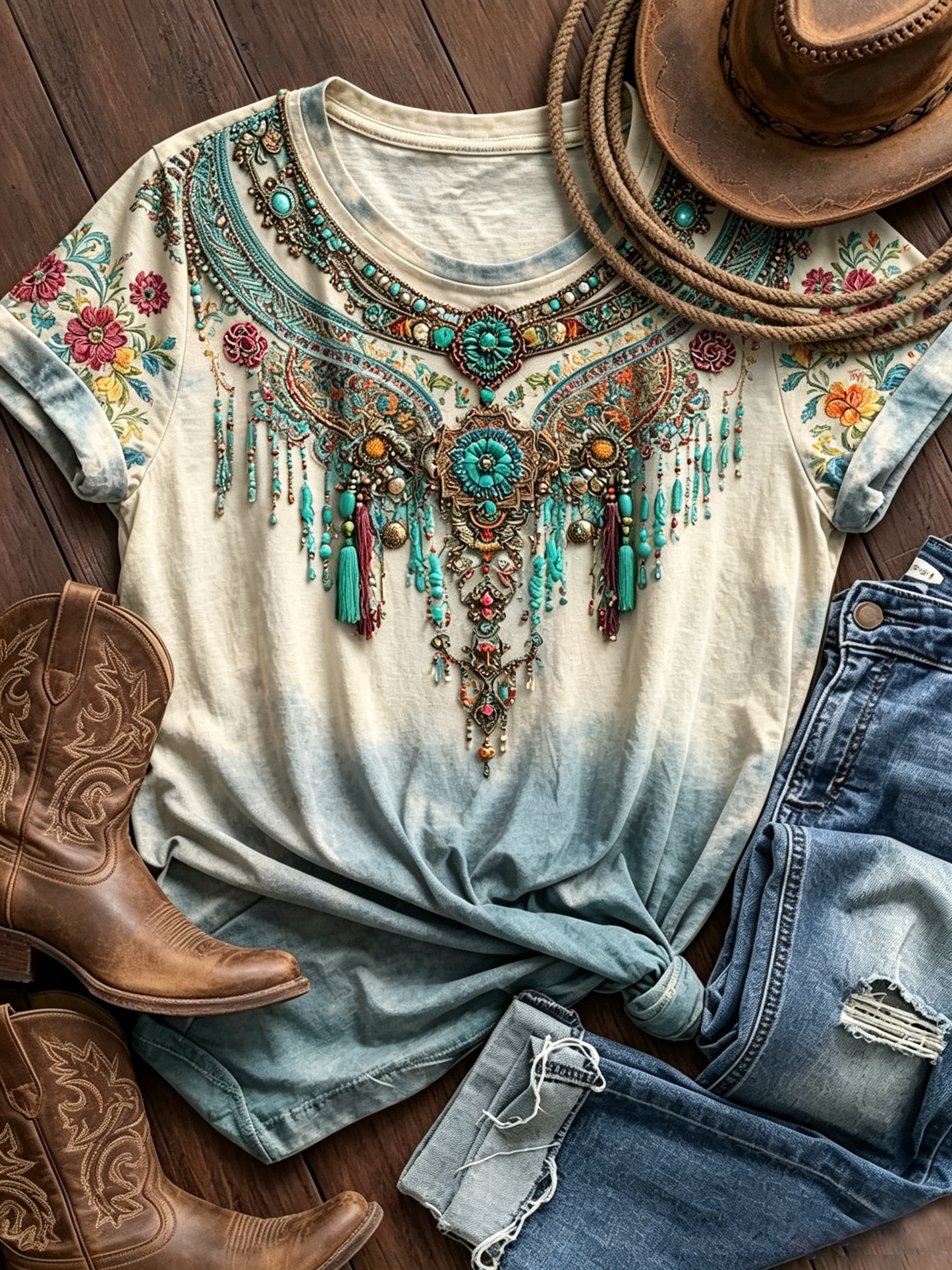Embellished Fringe Necklace Print Ombre Tee