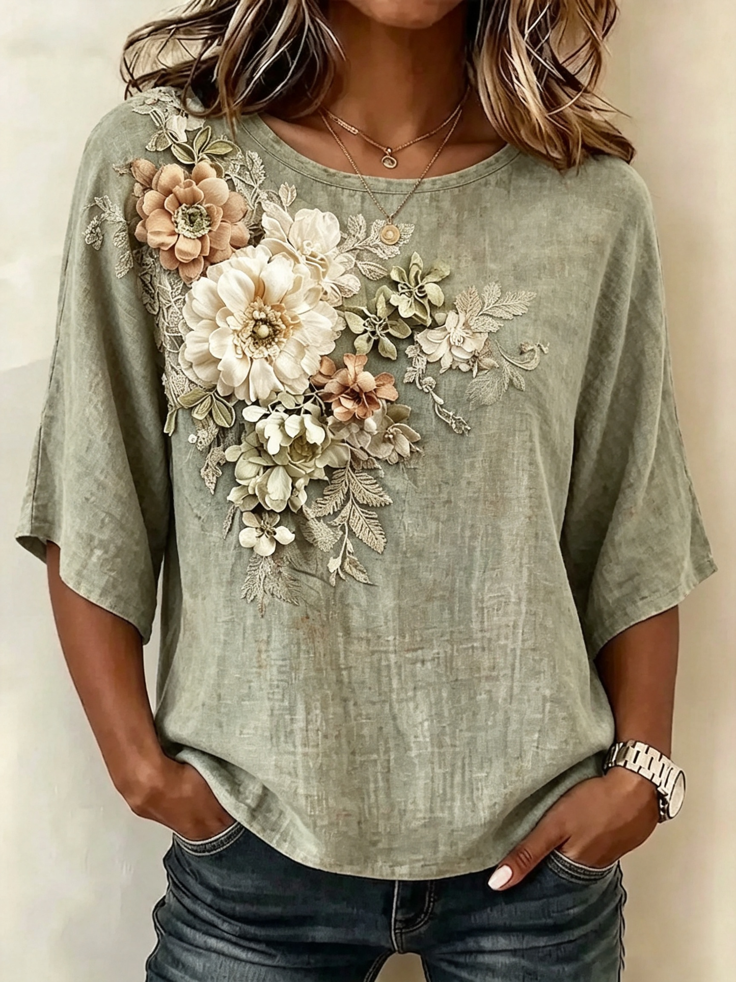 Sage Green 3D Floral Embroidered Relaxed Top