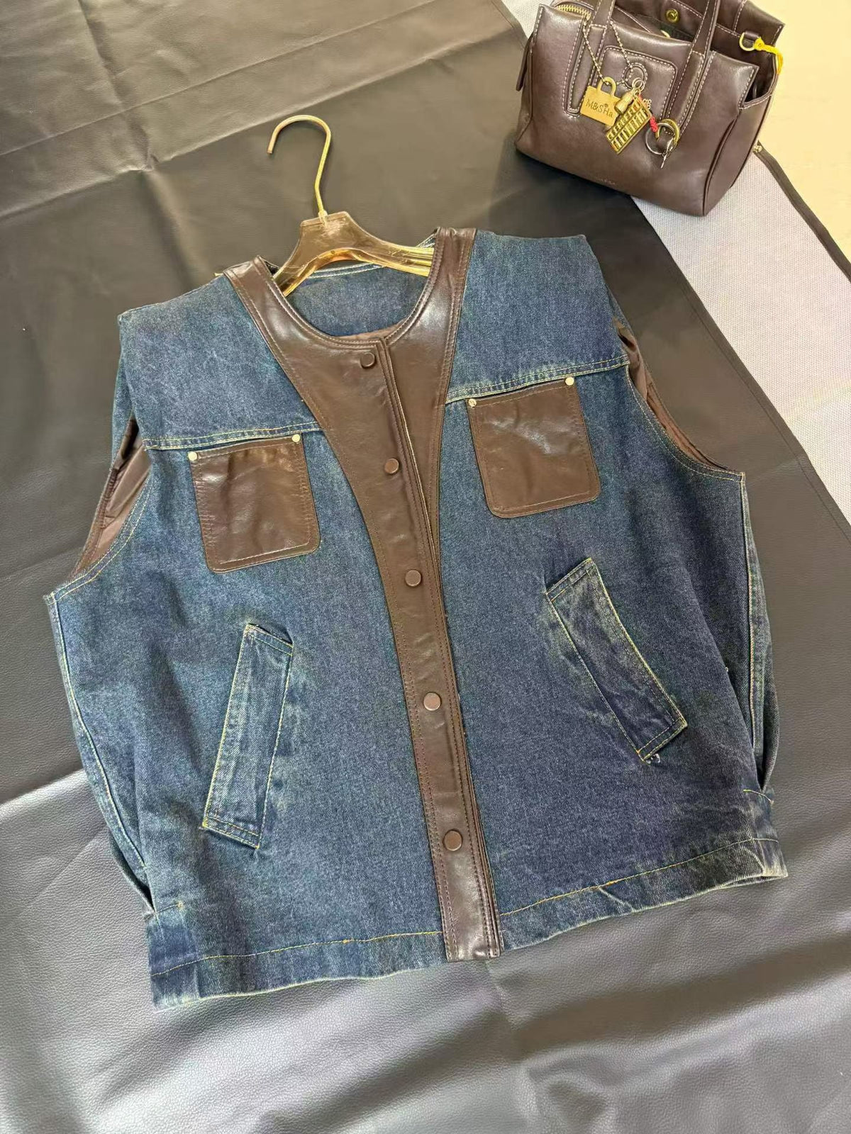 Blue Brown Denim Faux Leather Panel Vest