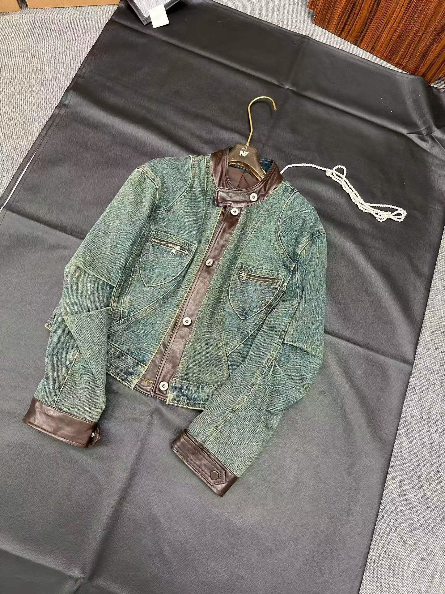 Green Wash Denim Faux Leather Trim Jacket