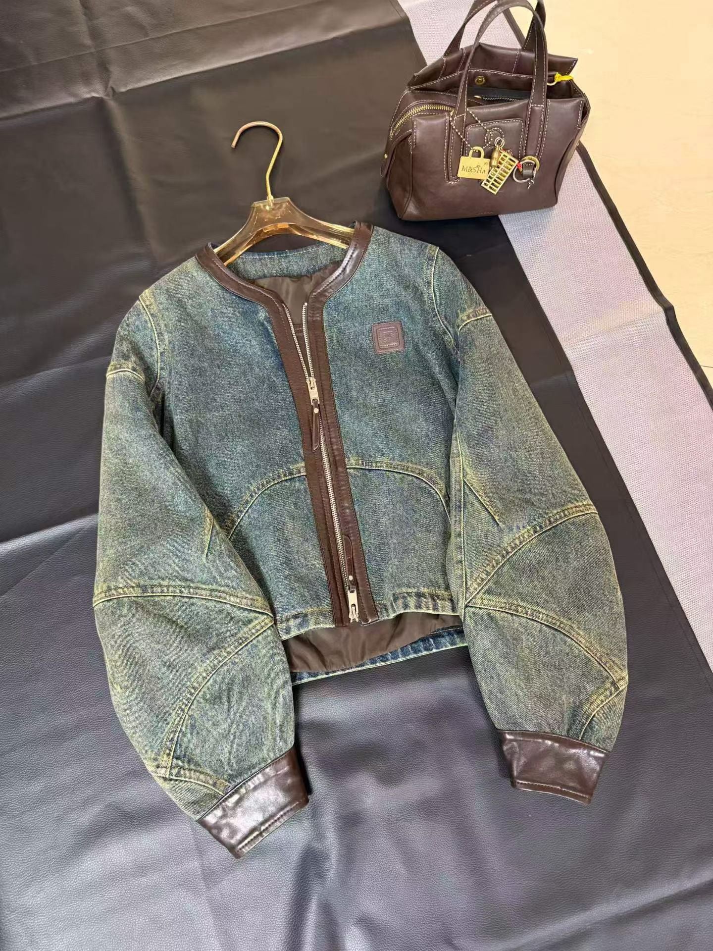 Blue Denim Faux Leather Trim Bomber Jacket