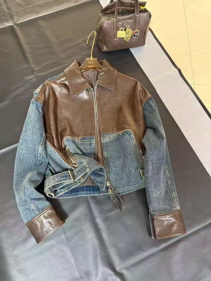 Brown Blue Denim Faux Leather Panel Jacket