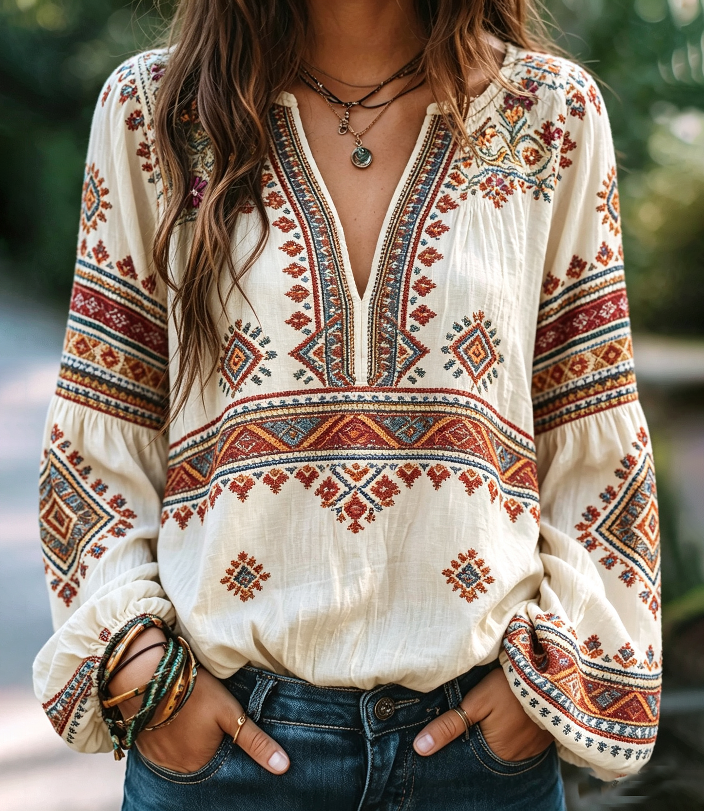 Cream Aztec Embroidered Boho Blouse