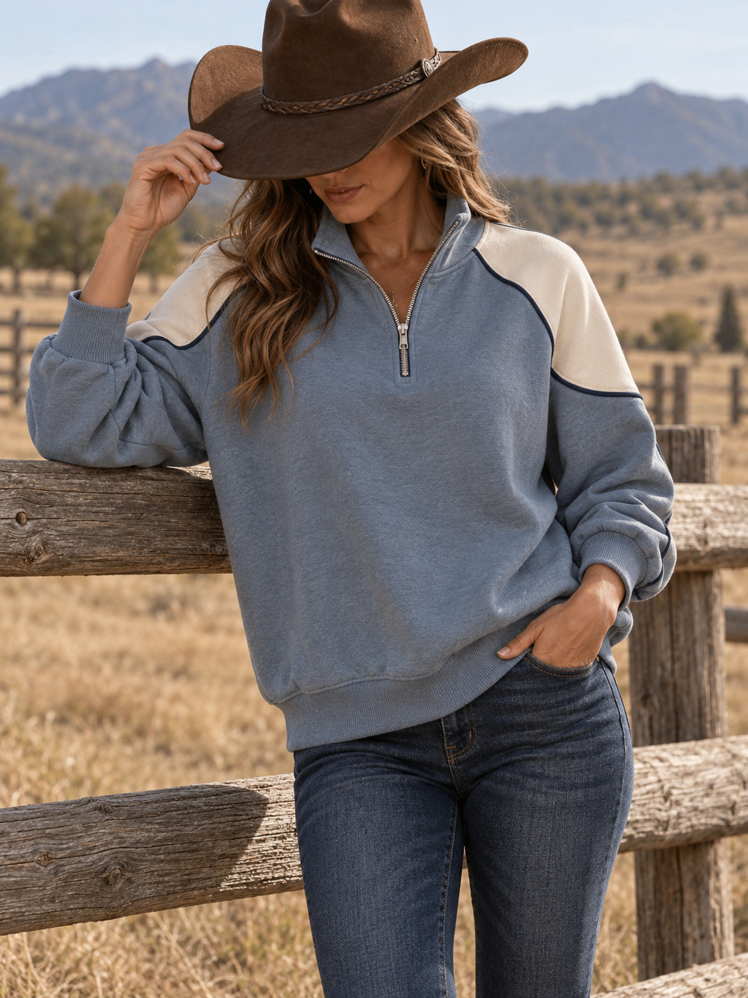 Blue Color Block Half Zip Sweatshirt