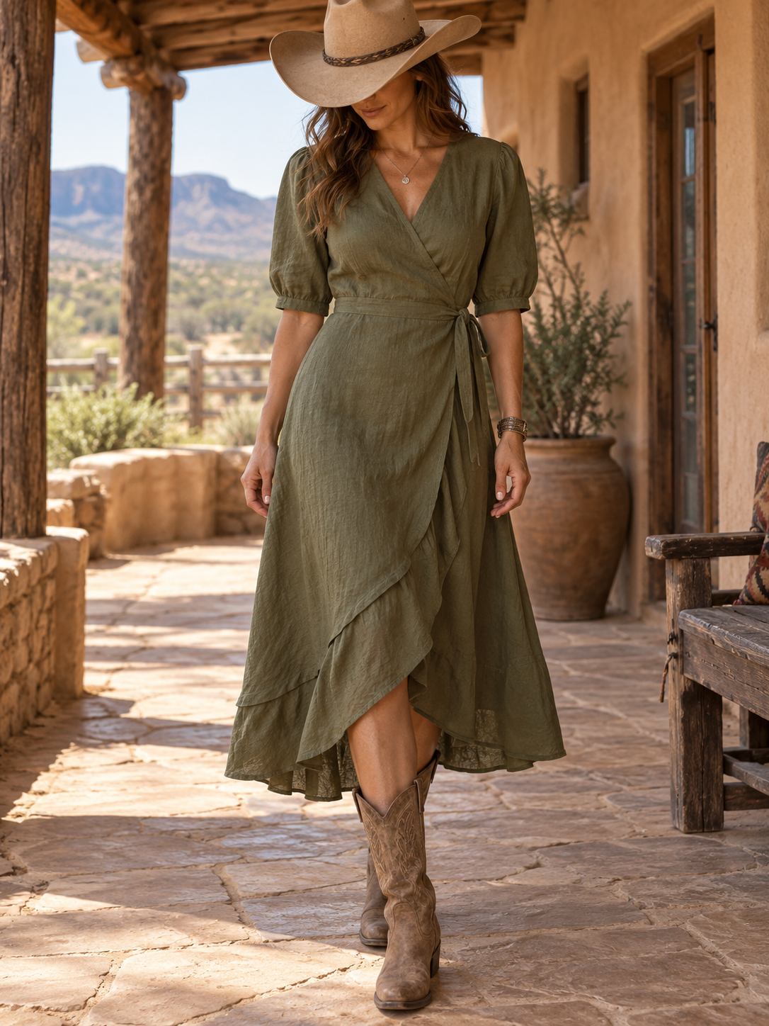 Olive Surplice Wrap Midi Dress