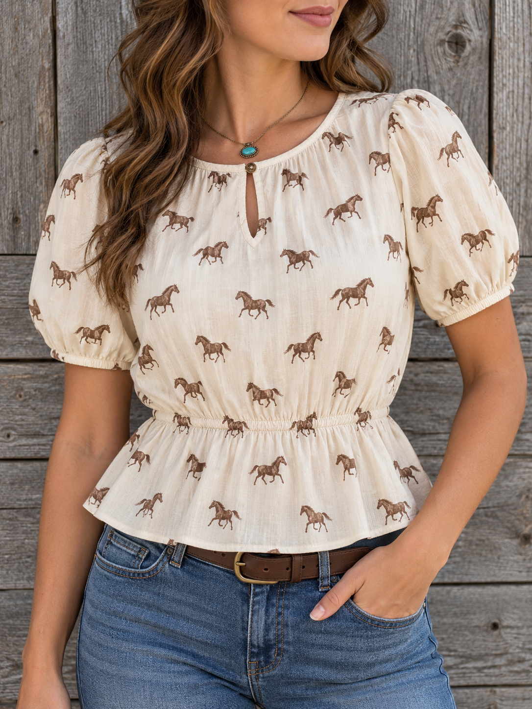 Cream Horse Print Puff Sleeve Peplum Blouse