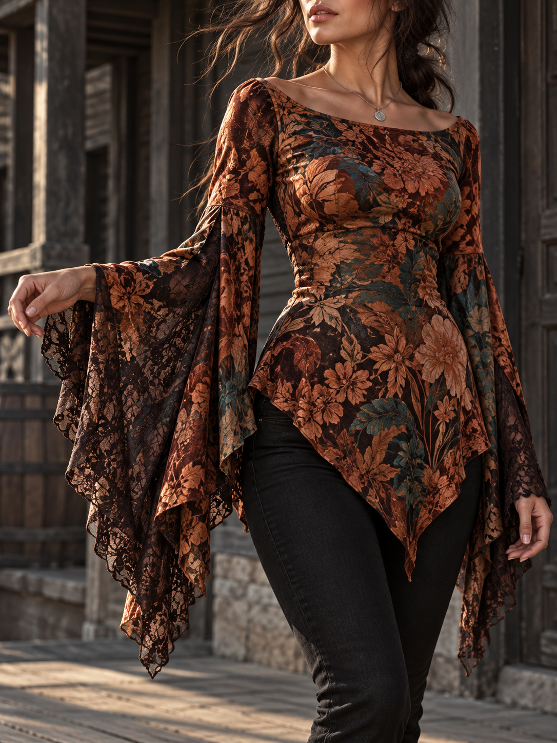 Brown Floral Lace Bell Sleeve Top