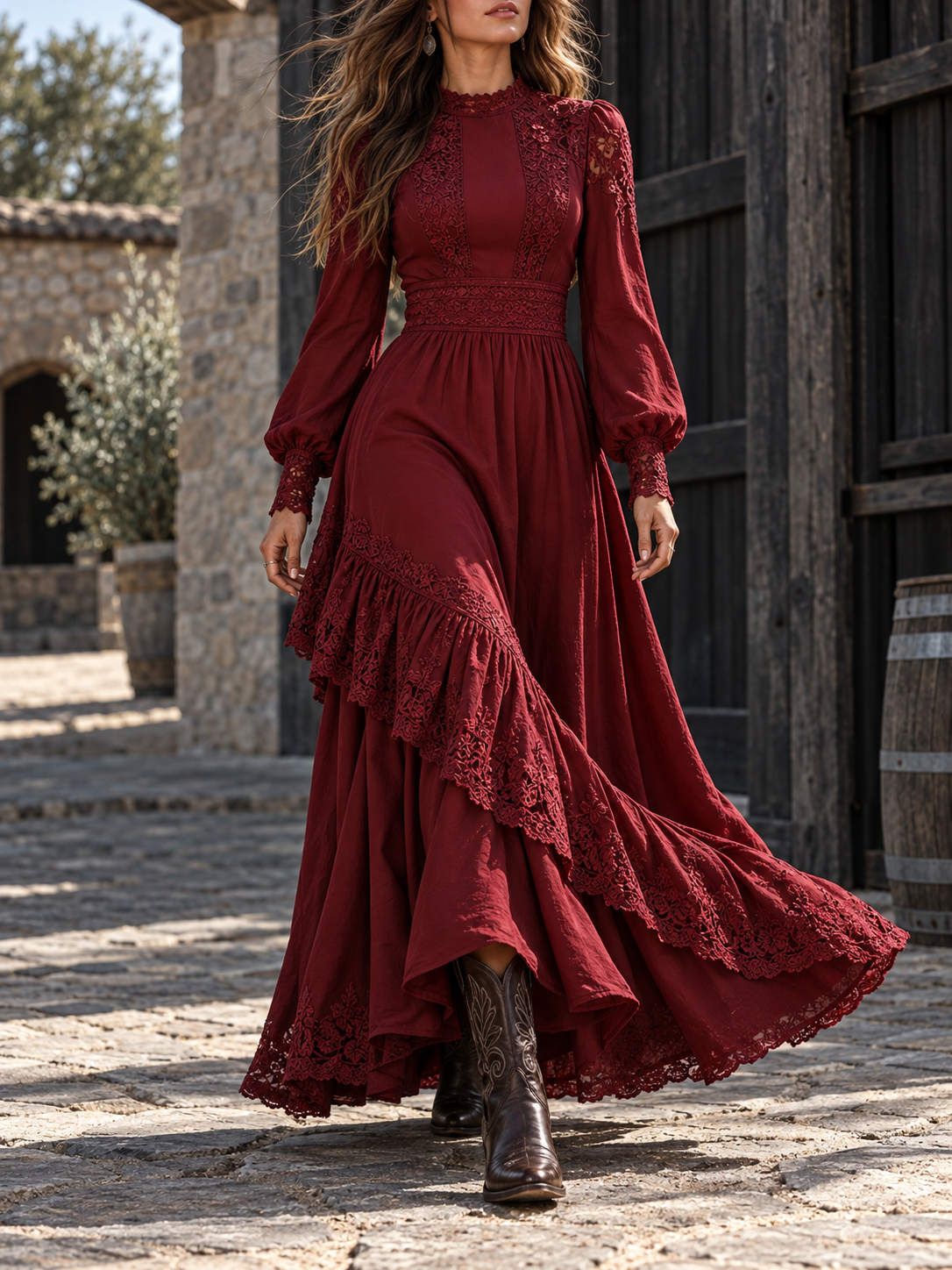 Burgundy Lace Trim Long Sleeve Tiered Maxi Dress
