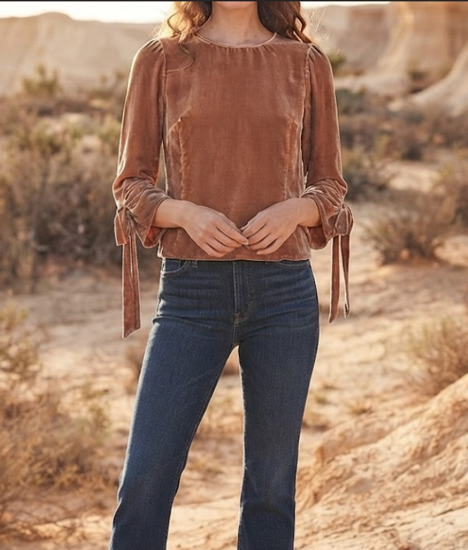 Tie-Cuff Puff Sleeve Velvet Blouse