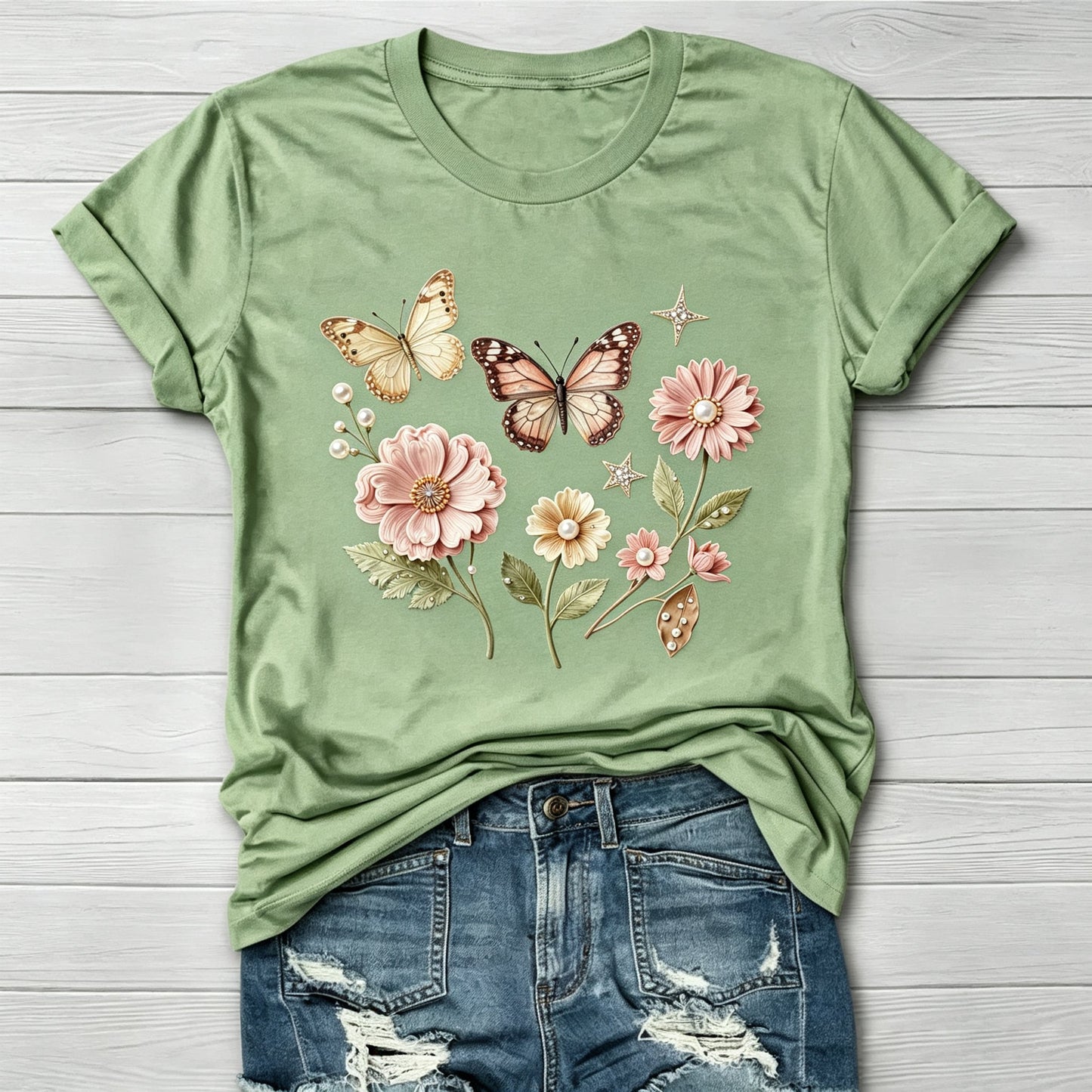 Floral Butterfly Graphic Crew Neck T-Shirt