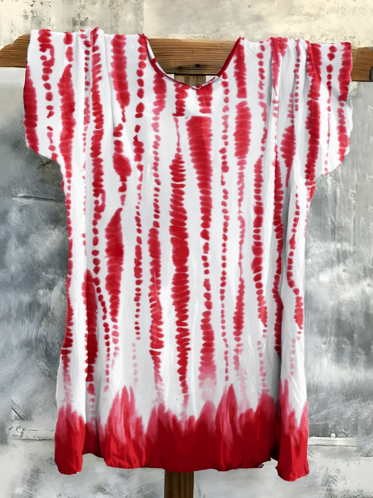 Red Tie-Dye Stripe V-Neck Short Sleeve Top